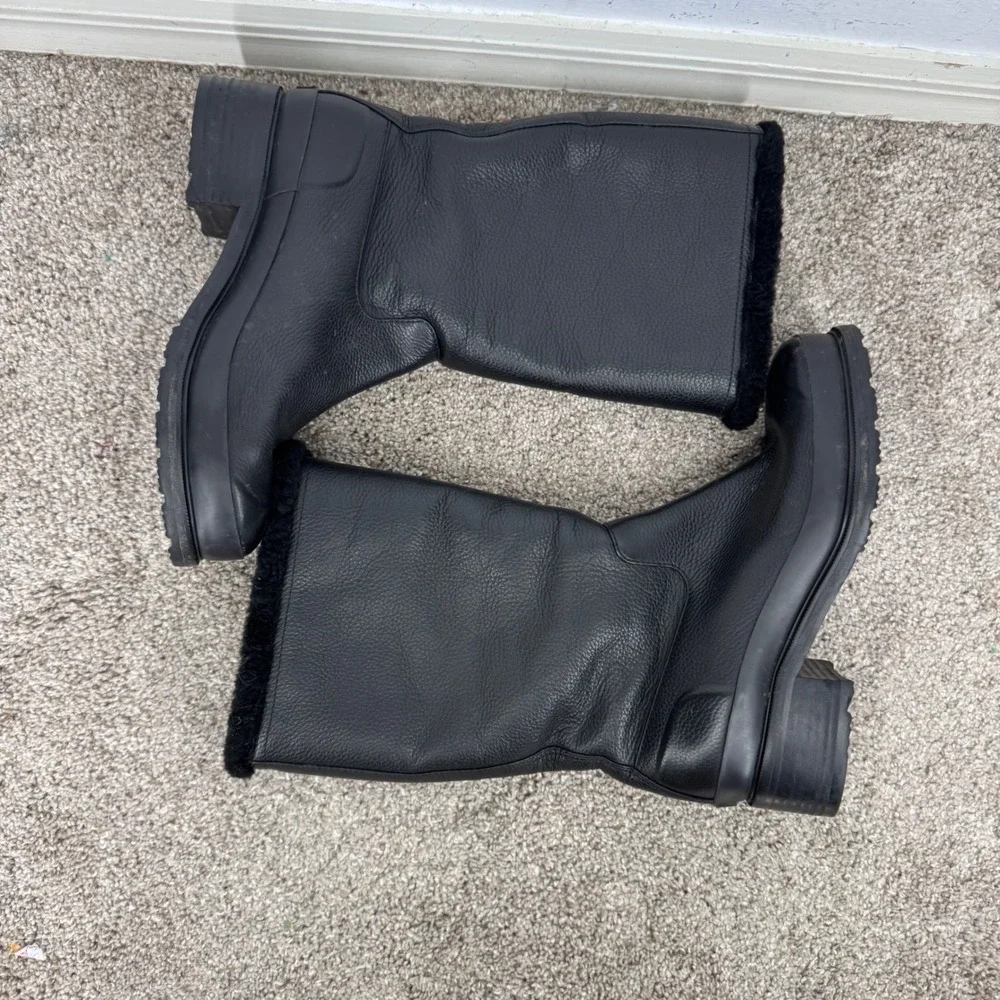 Hunter Refined Pebbled Leather Faux Fur Lined Mid Calf Rain Boots Black Womens